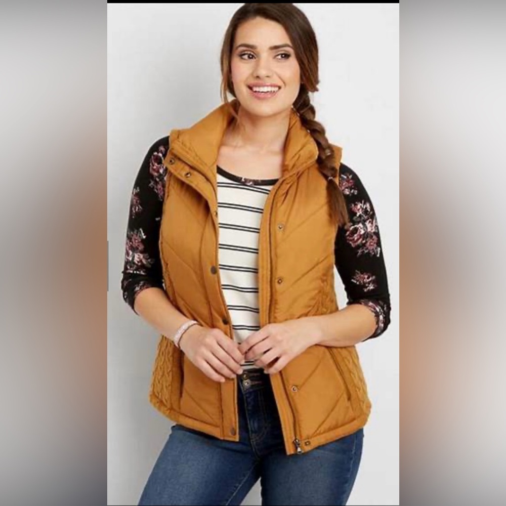 Maurice’s mustard yellow quilted vest with knit side detail